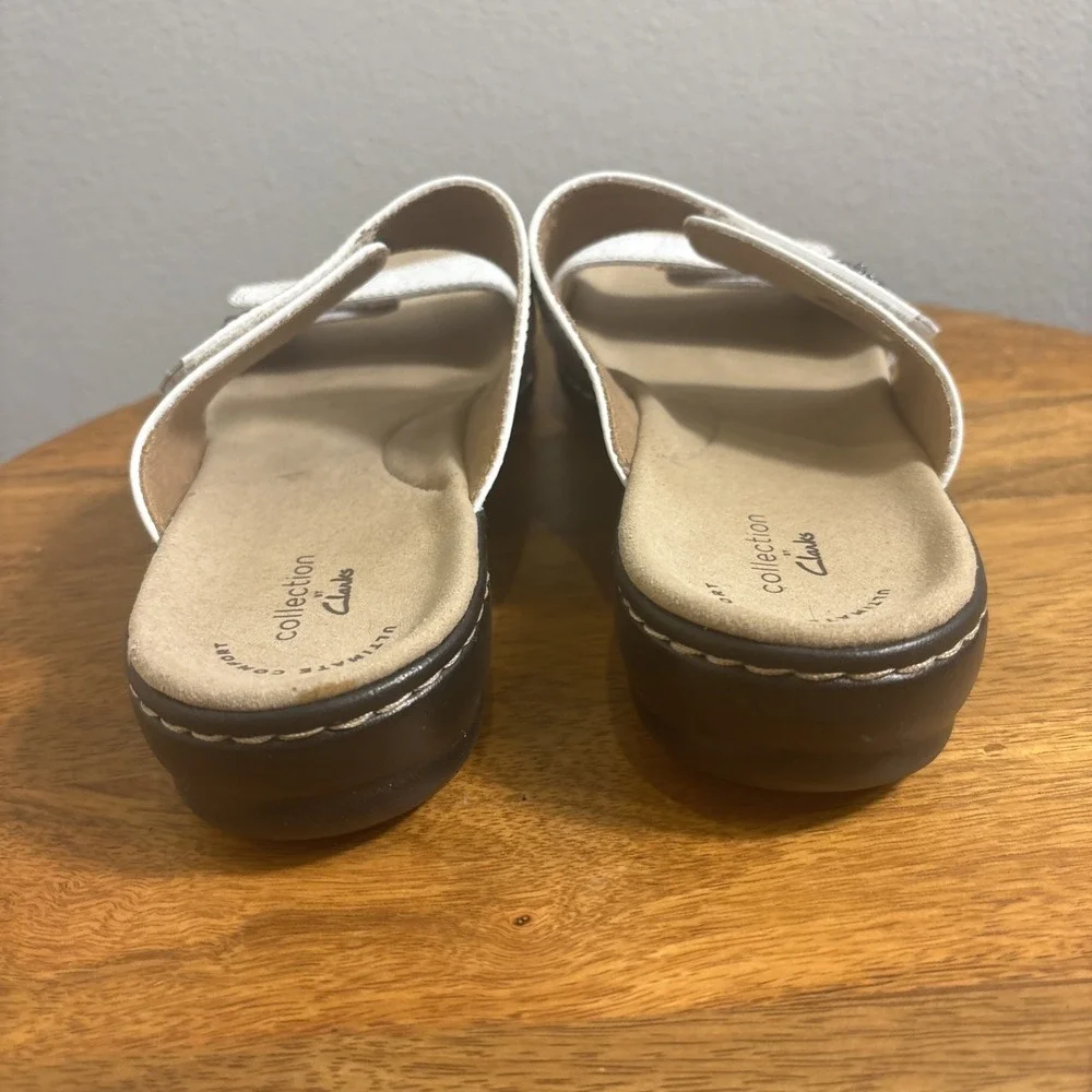 Clarks‎ Womens Leisa Lacole Sandal Size 9 M White Leather Slide Adjustable Shoe